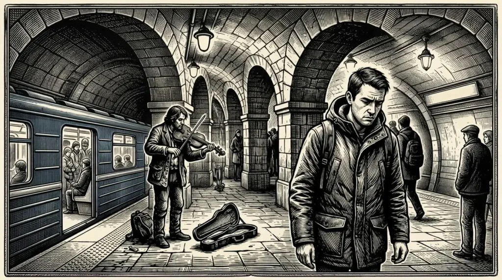 Fekete-fehér, grafikusszerű illusztráció egy földalatti metróállomásról: a téglaboltozatos peron előterében egy magába roskadt, kabátos férfi sétál, míg a háttérben egy hegedűs zenész játszik a nyitott hegedűtokja mellett egy várakozó szerelvény közelében.