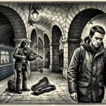 Fekete-fehér, grafikusszerű illusztráció egy földalatti metróállomásról: a téglaboltozatos peron előterében egy magába roskadt, kabátos férfi sétál, míg a háttérben egy hegedűs zenész játszik a nyitott hegedűtokja mellett egy várakozó szerelvény közelében.