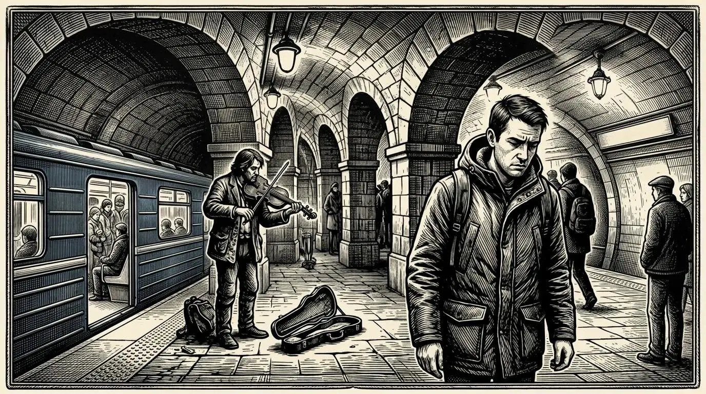 Fekete-fehér, grafikusszerű illusztráció egy földalatti metróállomásról: a téglaboltozatos peron előterében egy magába roskadt, kabátos férfi sétál, míg a háttérben egy hegedűs zenész játszik a nyitott hegedűtokja mellett egy várakozó szerelvény közelében.