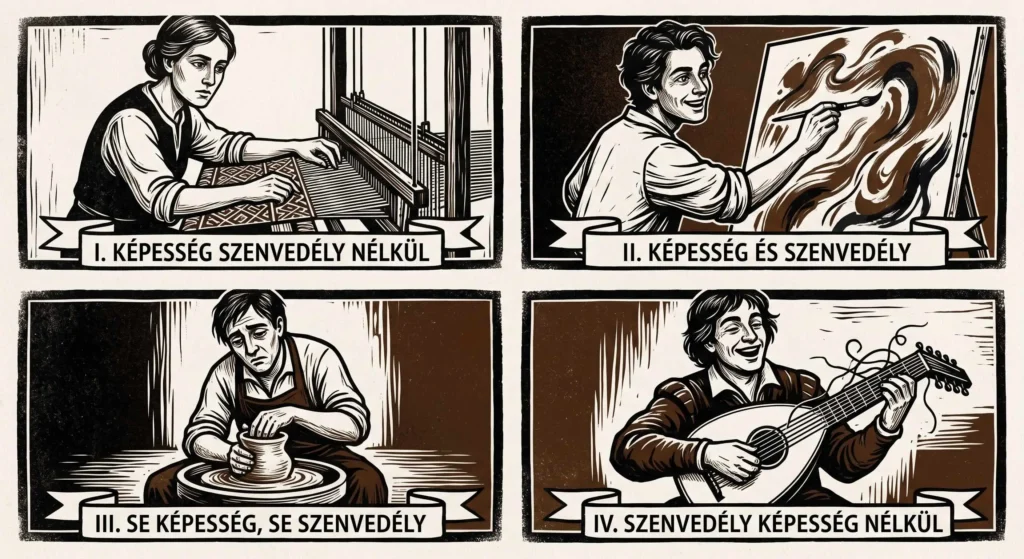 Négyosztatú fametszet a képesség és szenvedély négy kombinációjáról: takács, festő, csalódott fazekas és lanton játszó zenész.