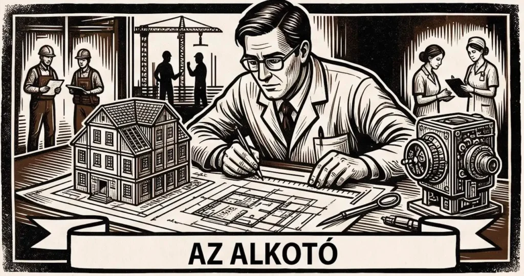 Fametszet illusztráció egy tervrajz felett dolgozó mérnökről építkezés, épületmakett és szerszámok környezetében, „Az alkotó” felirattal.