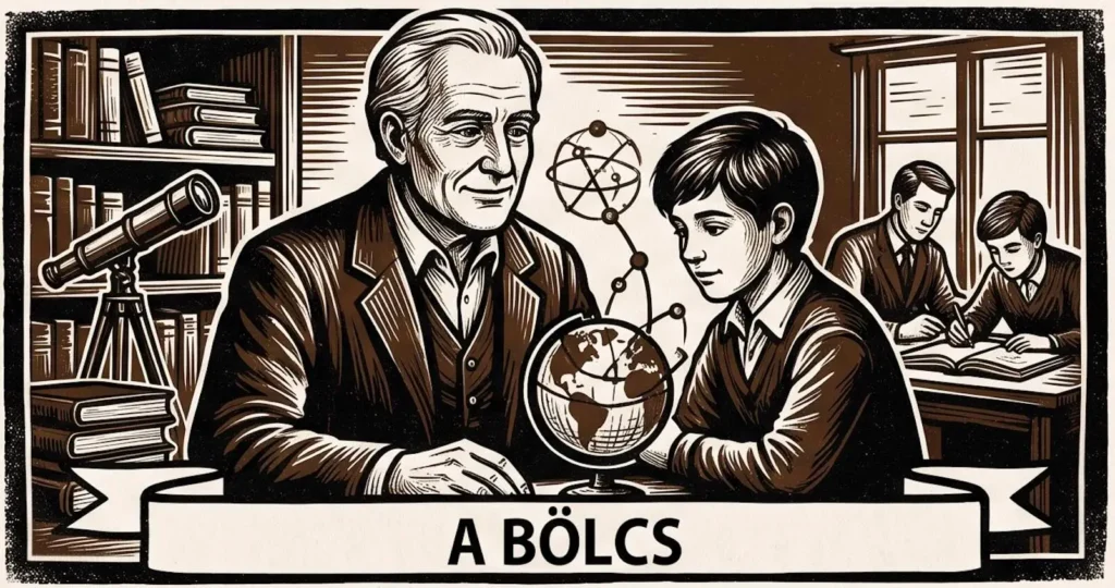 Fametszet stílusú kép egy idős tanítóról, aki földgömb mellett tanítja diákját egy könyvekkel és távcsővel teli dolgozószobában, „A bölcs” felirattal.