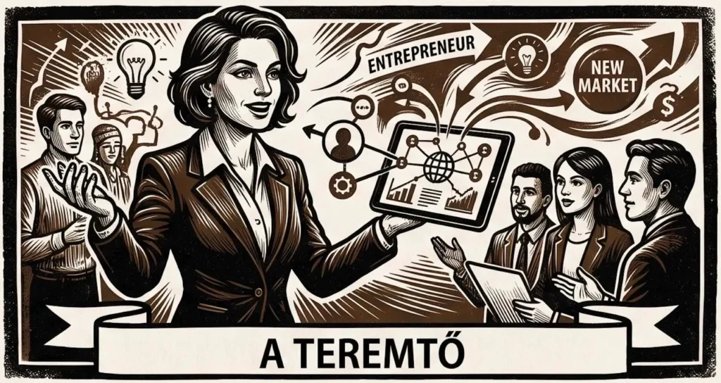 Fametszet illusztráció egy prezentáló üzletasszonyról hálózatot ábrázoló táblagéppel és csapattal, „Entrepreneur – A teremtő” felirattal.